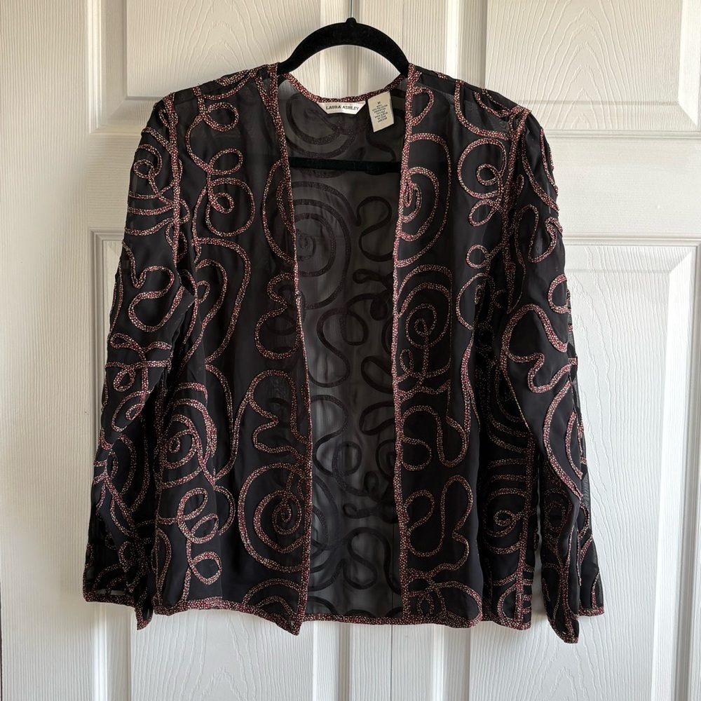 Laura Ashley Black Silk Red Swirl Long Sleeve Sheer Open Front Cardigan M Boho‎